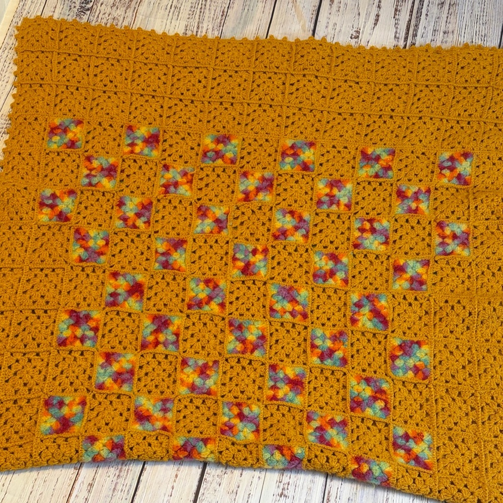 Granny Square Crochet Afghan piece -rectangular 66” x 33” Gold